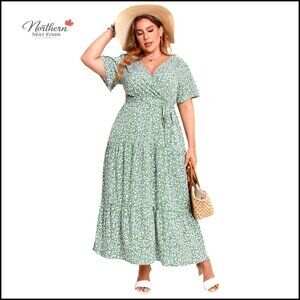 Plus Size V Neck Wrap Maxi Dress with Belt Ruffle Sleeves Casual Summer